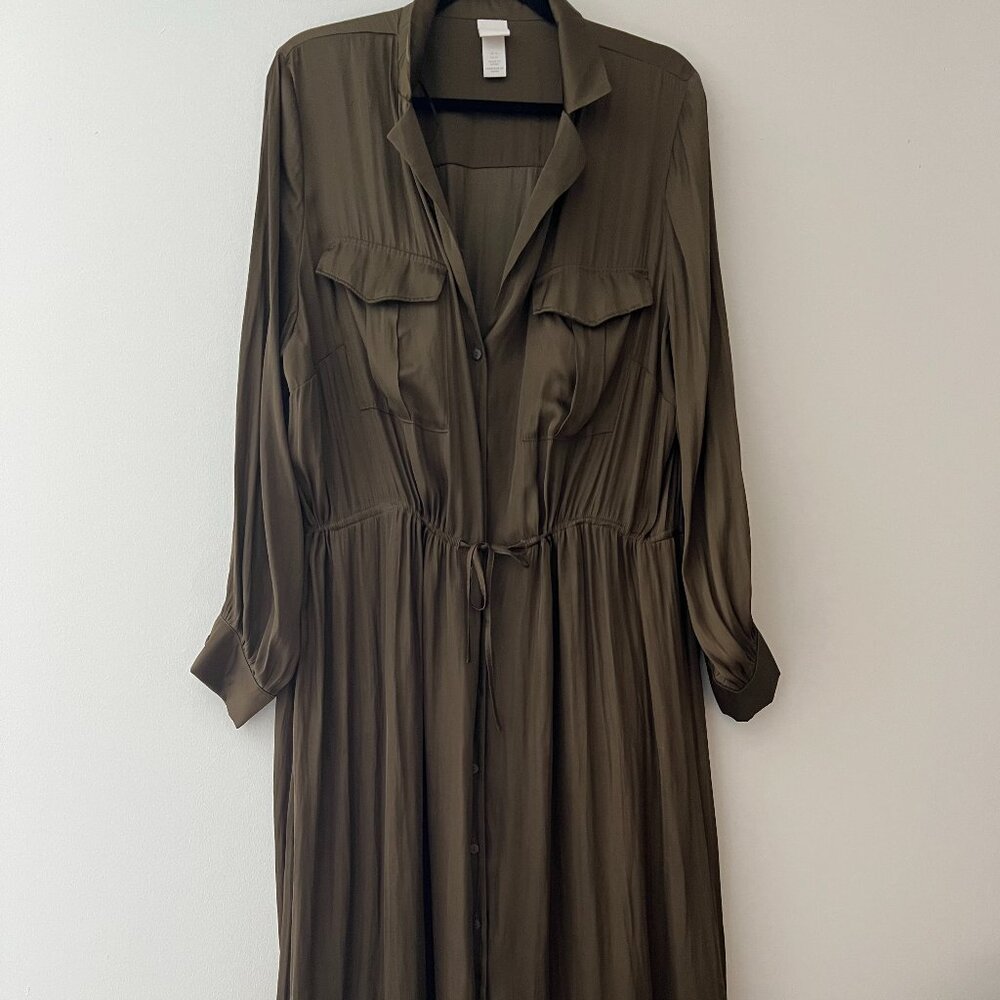 H&M Dark Olive Silk Maxi Button Down Dress